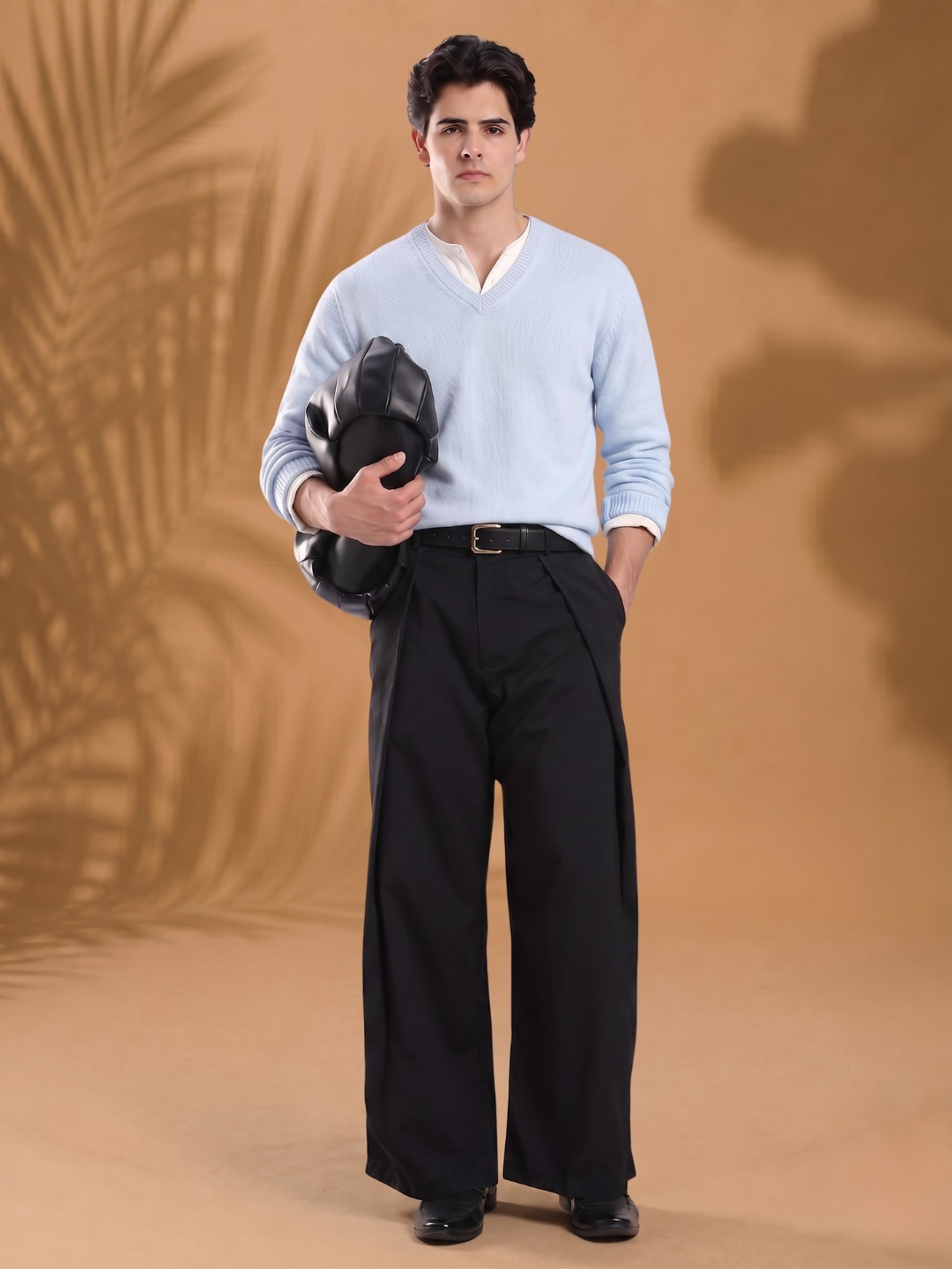 Black Wide Leg Samurai Trousers with Pleated Front