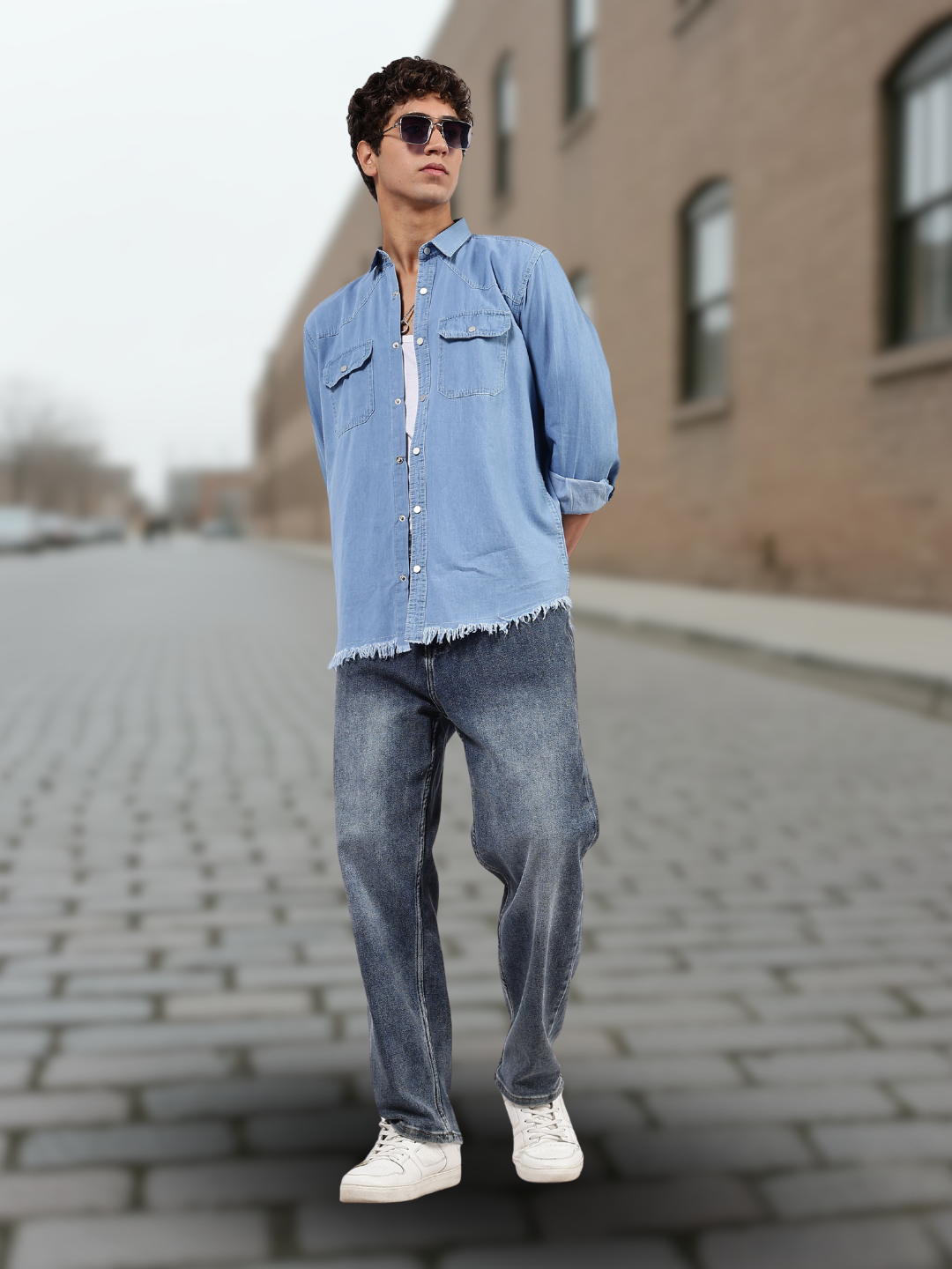 Blue Raw Edge Oversized Relaxed Fit Spread Collar Premium Denim Shirt
