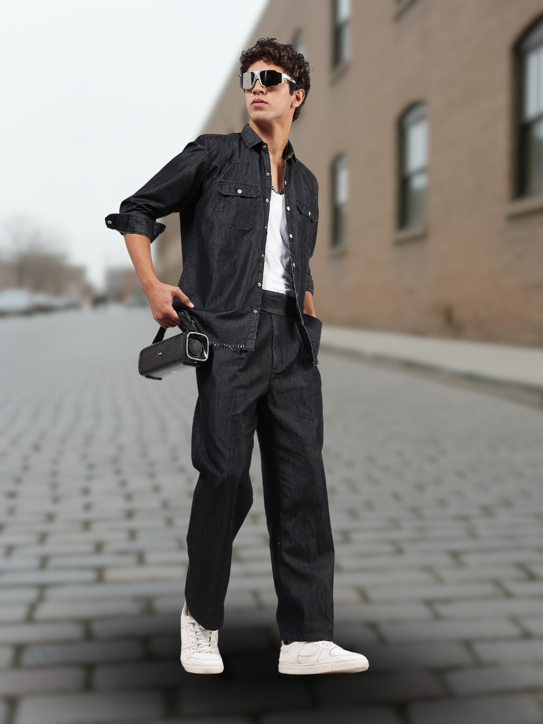 Co-ord Set Black Premium Denim Gurkha Pant & Full Shirt Relaxed Fit