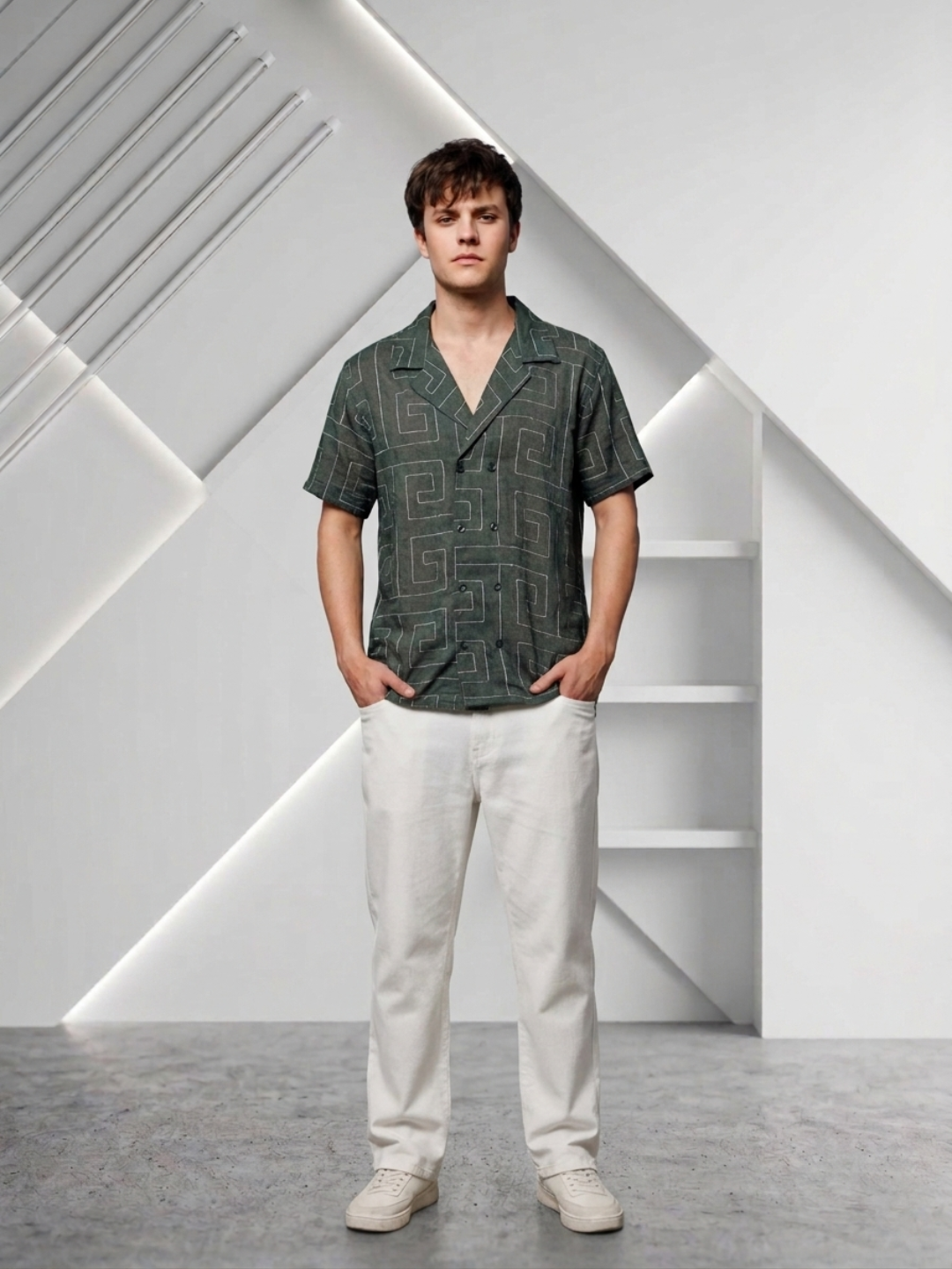 Olive Korean Linen Blend Embroidered Notched Lapel Collar Resort Shirt
