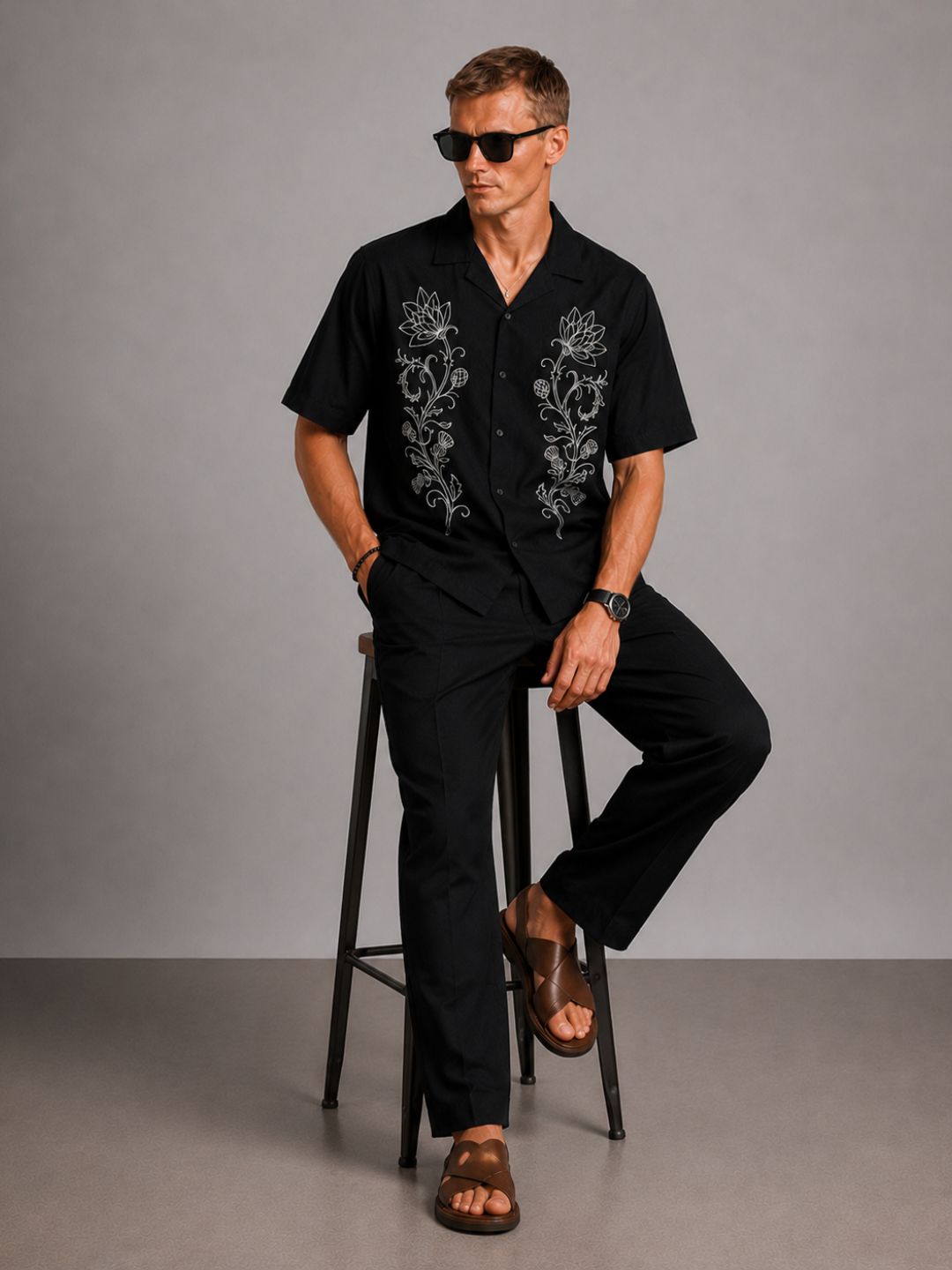 Black Embroidered Relax Fit Oversized Half Sleeve Casual Resort Shirt