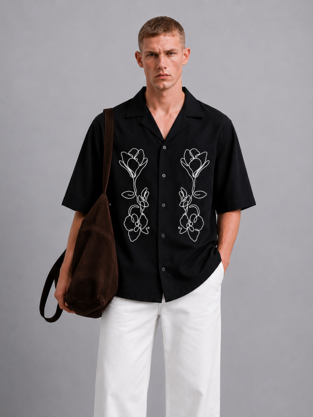 Black Embroidered Relaxed Fit Oversized Half Sleeve Casual Resort Shirt