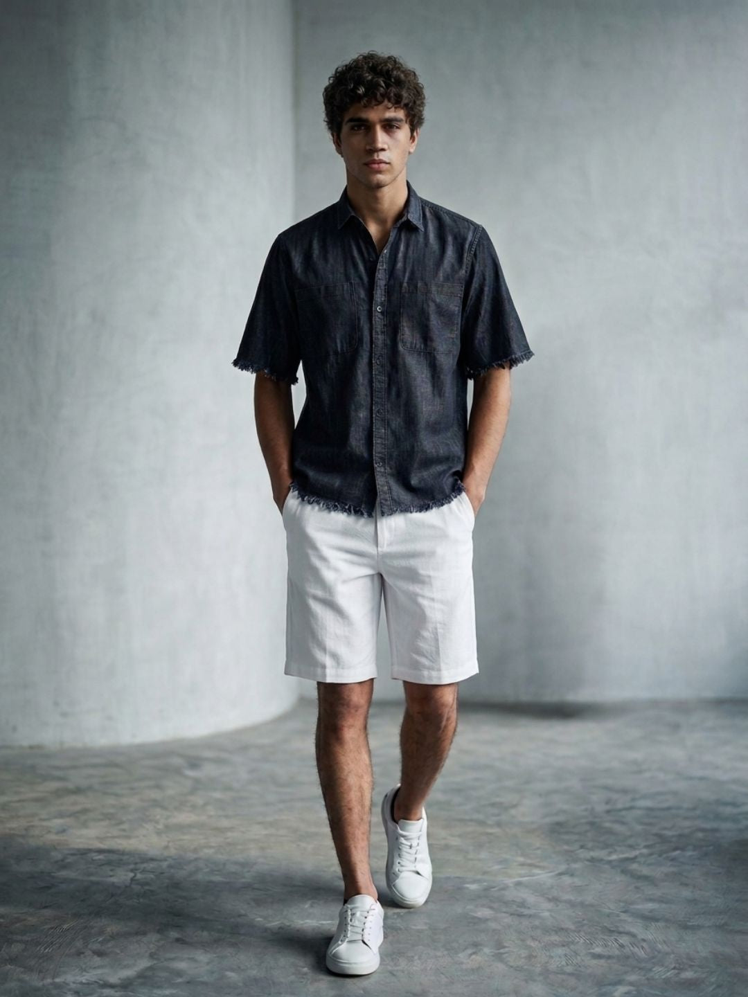 Black Raw Edge Oversized Box-Fit Spread Collar Premium Denim Shirt