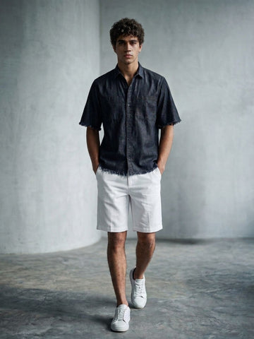 Black Raw Edge Oversized Box-Fit Spread Collar Premium Denim Shirt