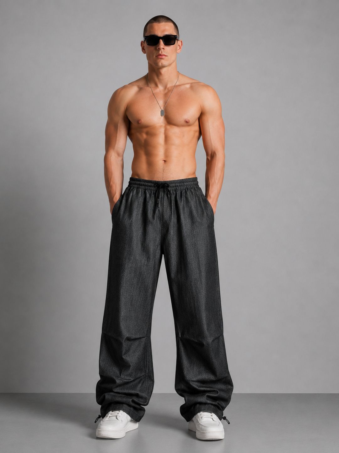 Black Relaxed Fit Drawstring Premium Denim Parachute Cargo