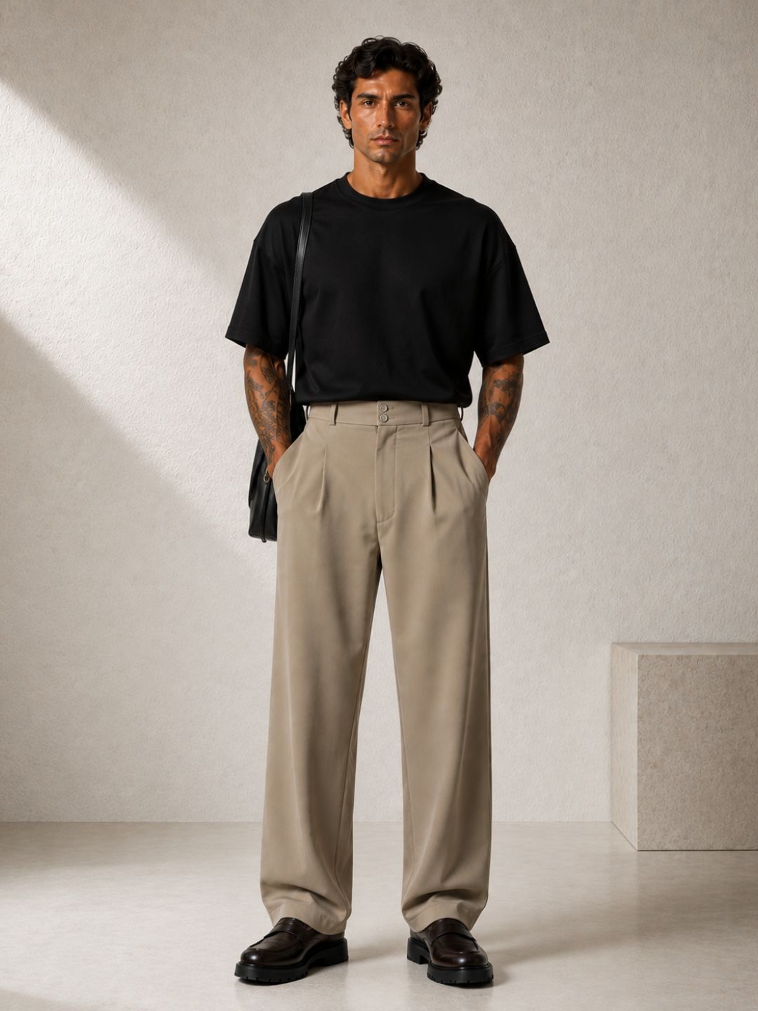 Beige Baggy fit Street Savvy Double Pleated Korean Trousers