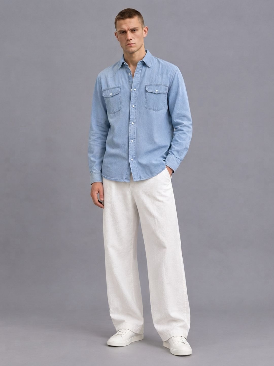 Blue Denim Raw Edge Oversized Relaxed Fit Spread Collar Premium Shirt