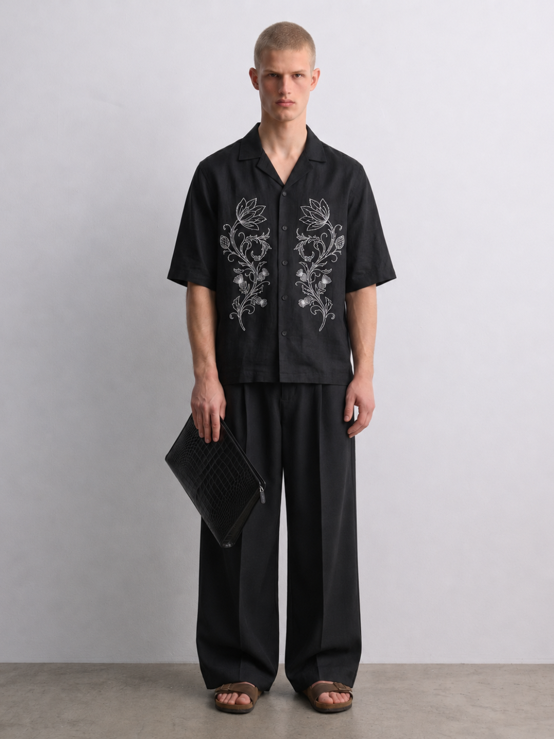 Black Embroidered Relax Fit Oversized Half Sleeve Casual Resort Shirt