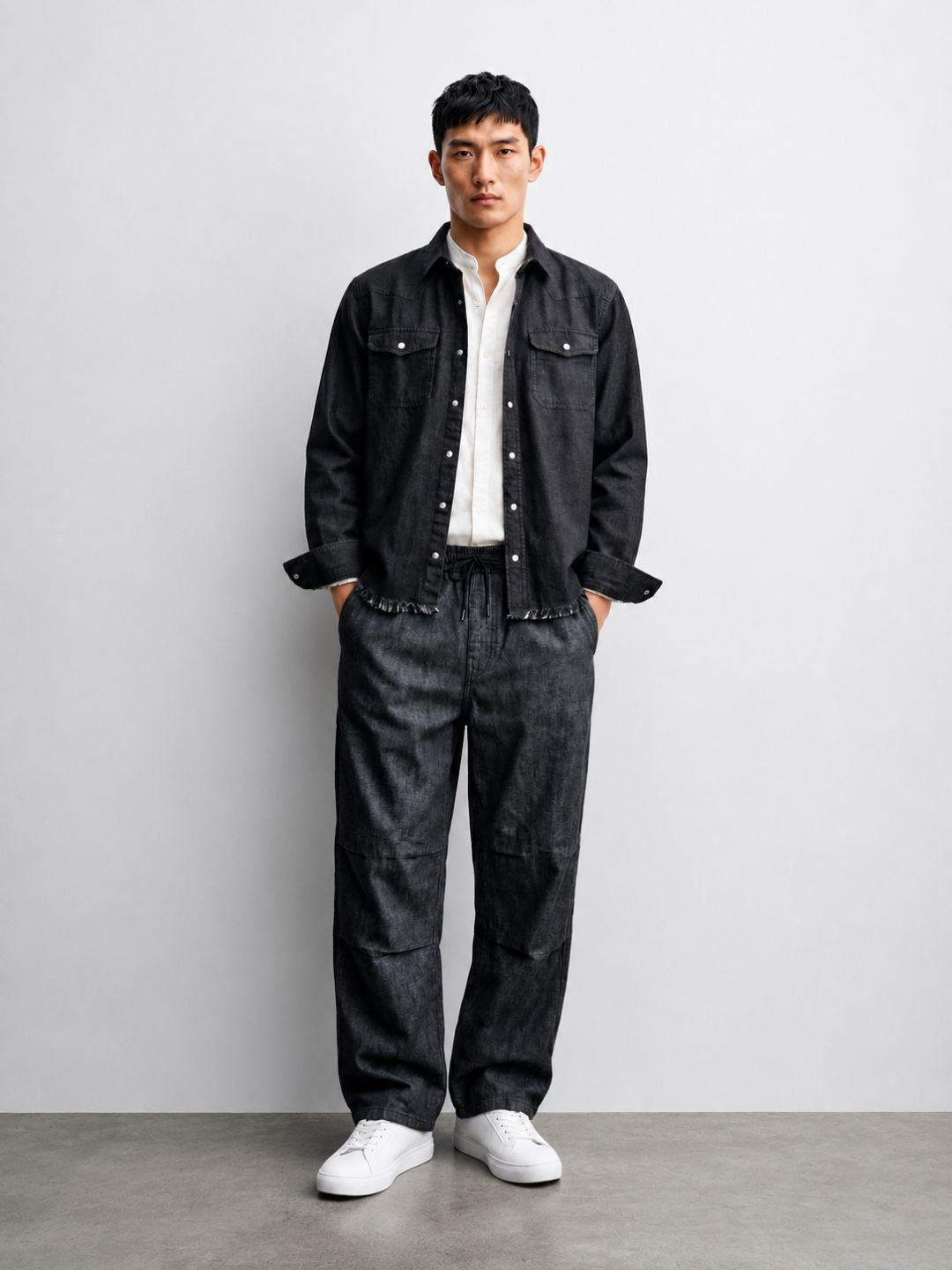 Denim Co-ord Set Charcoal Black Parachute Baggy Denim Pant & Full Shirt Relaxed Fit