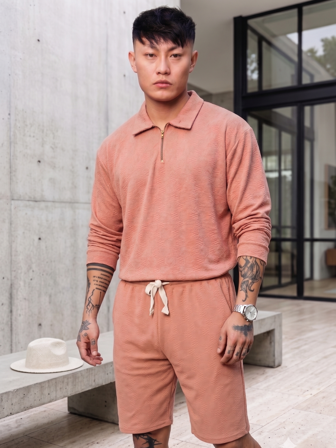 Unisex Brown Textured Relaxed Fit Full Sleeve Polo T-Shirt & Shorts Co-ord Set