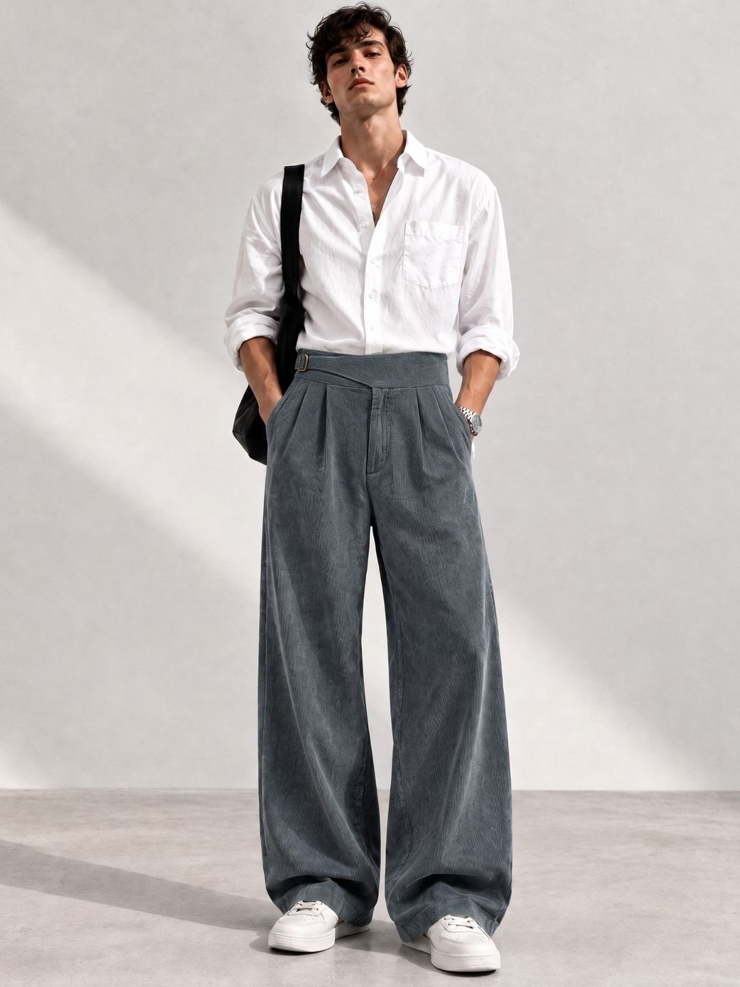 Grey Corduroy Gurkha Trousers with Double Pleated Front
