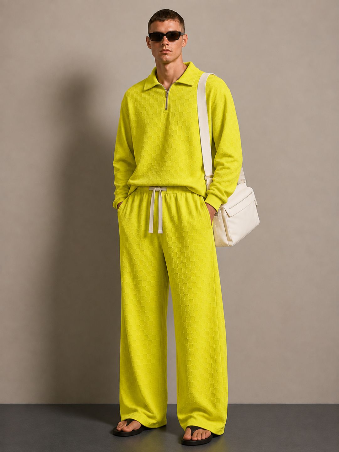 Lime Green Textured Oversized Full Sleeve Polo Neck Tee & Trackpant Co-ord Set