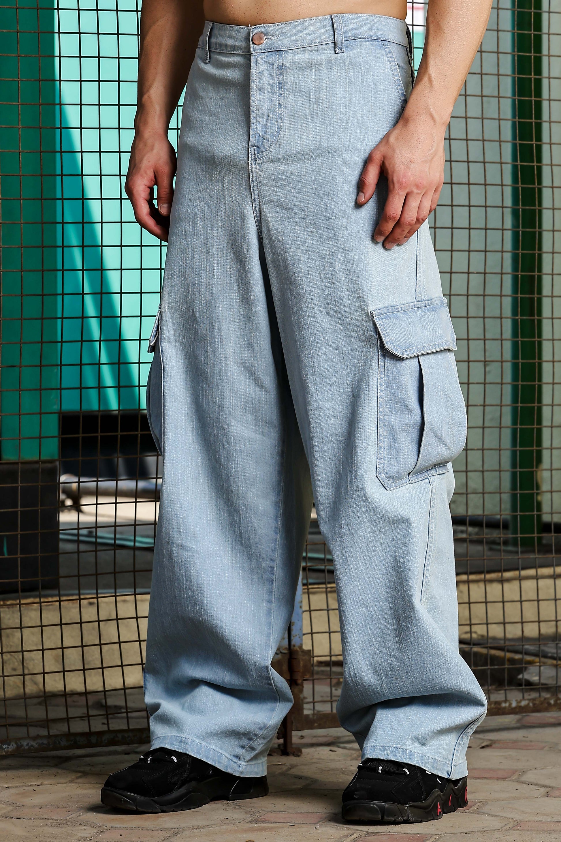Light Blue Raw Wash Streetwear Baggy Fit Denim Cargo