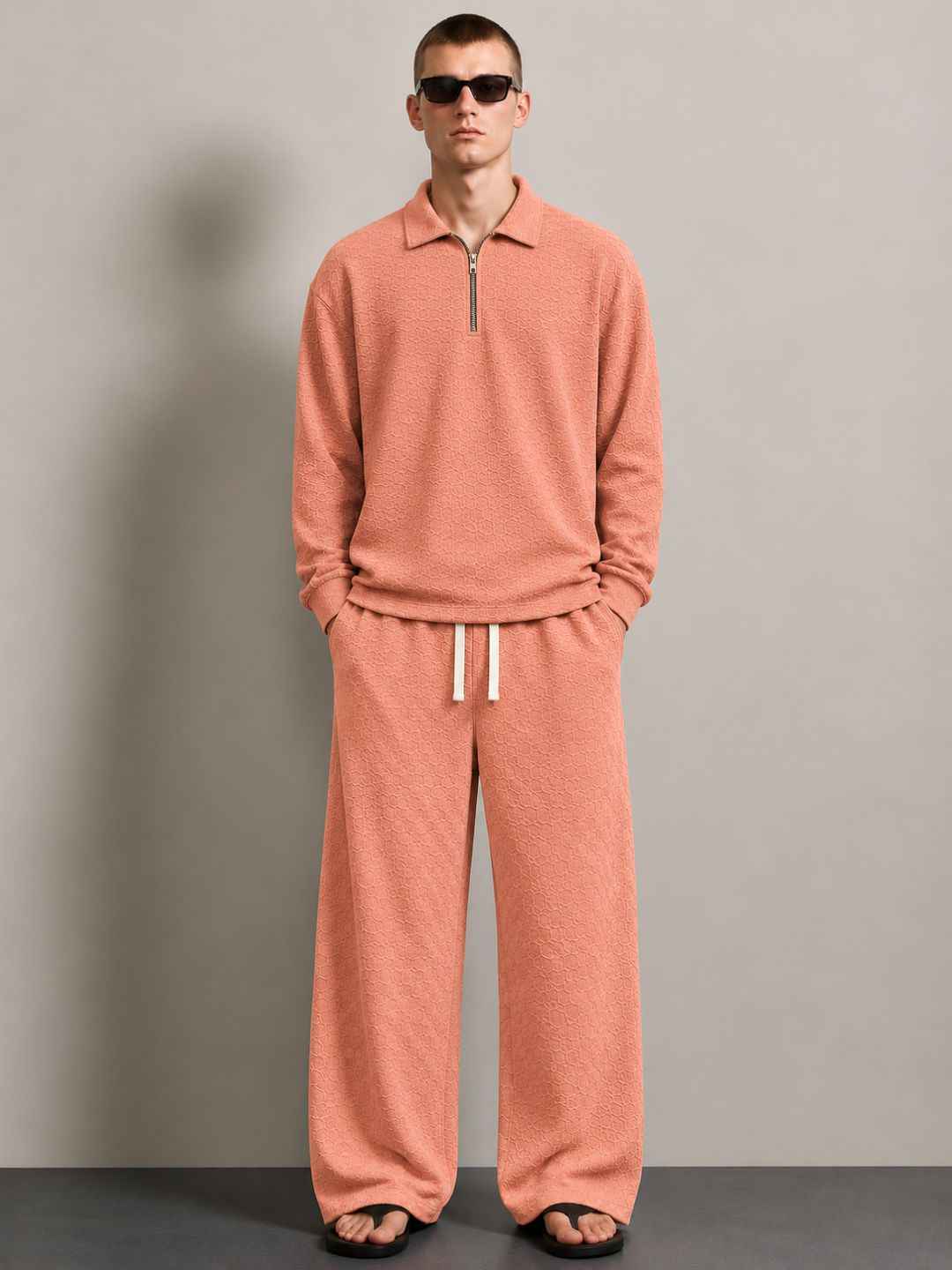 Brown Textured Oversized Full Sleeve Polo Neck Tee & Trackpant Co-ord Set