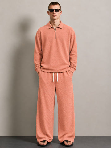 Brown Textured Oversized Full Sleeve Polo Neck Tee & Trackpant Co-ord Set