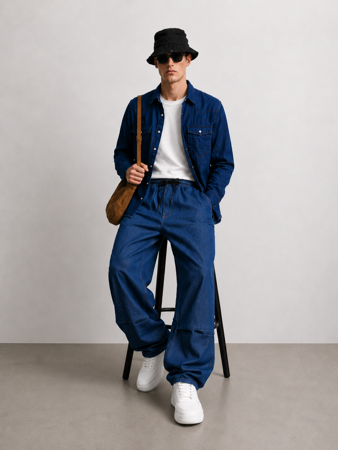 Denim Co-ord Set Navy Blue Parachute Baggy Denim Pant & Full Shirt Relaxed Fit