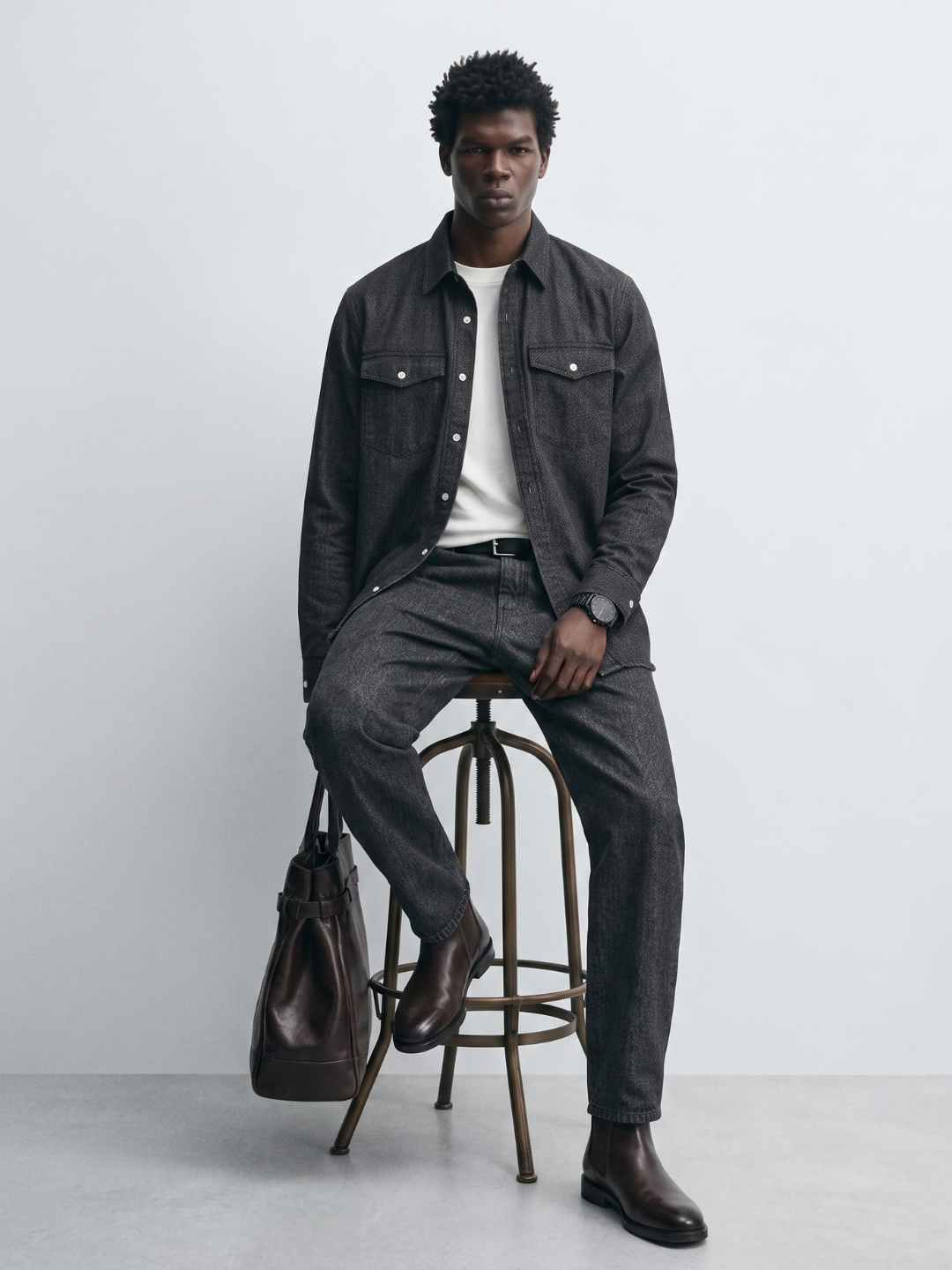 Black Raw Edge Oversized Relaxed Fit Full Sleeve Spread Collar Premium Denim Shirt