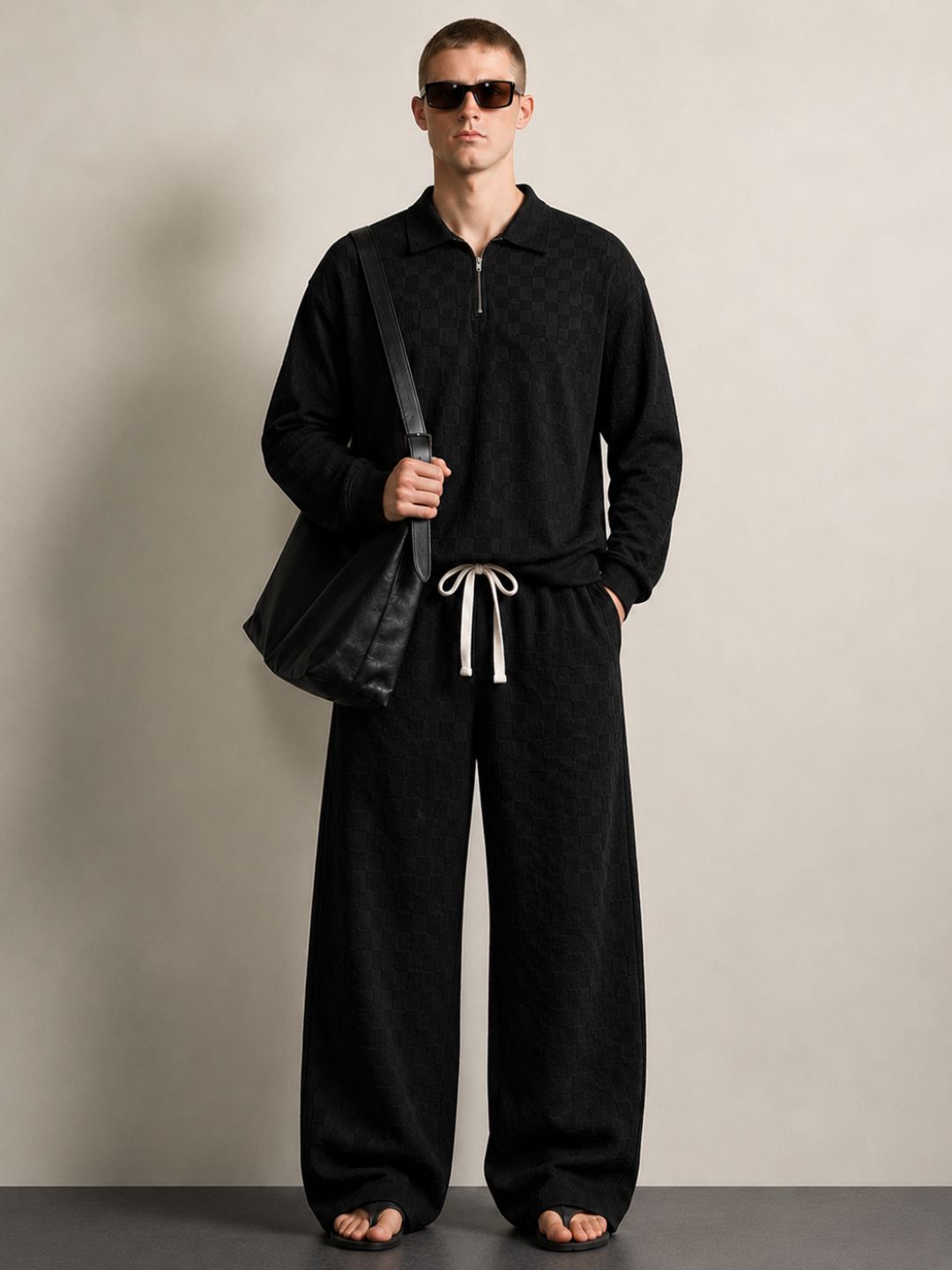 Black Textured Oversized Full Sleeve Polo Neck Tee & Trackpant Co-ord Set