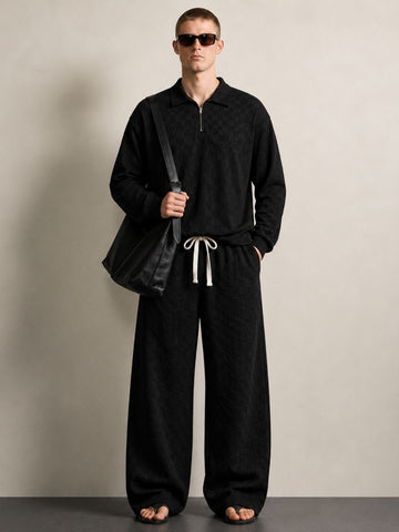 Black Textured Oversized Full Sleeve Polo Neck Tee & Trackpant Co-ord Set