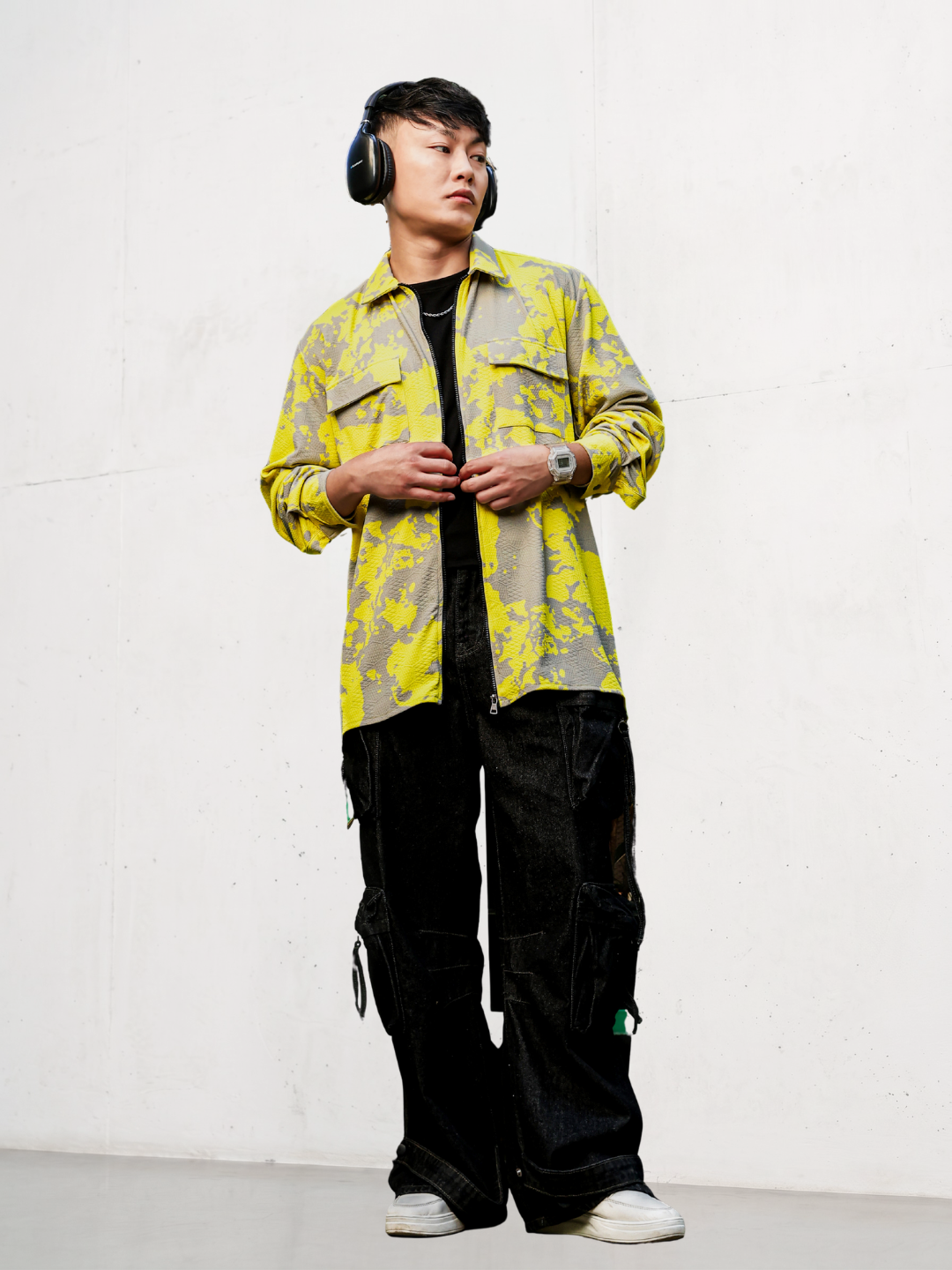 Neon Grey Splatter Abstract Print Textured Drop-Shoulder Relaxed Fit Shirt Zipper Shirt