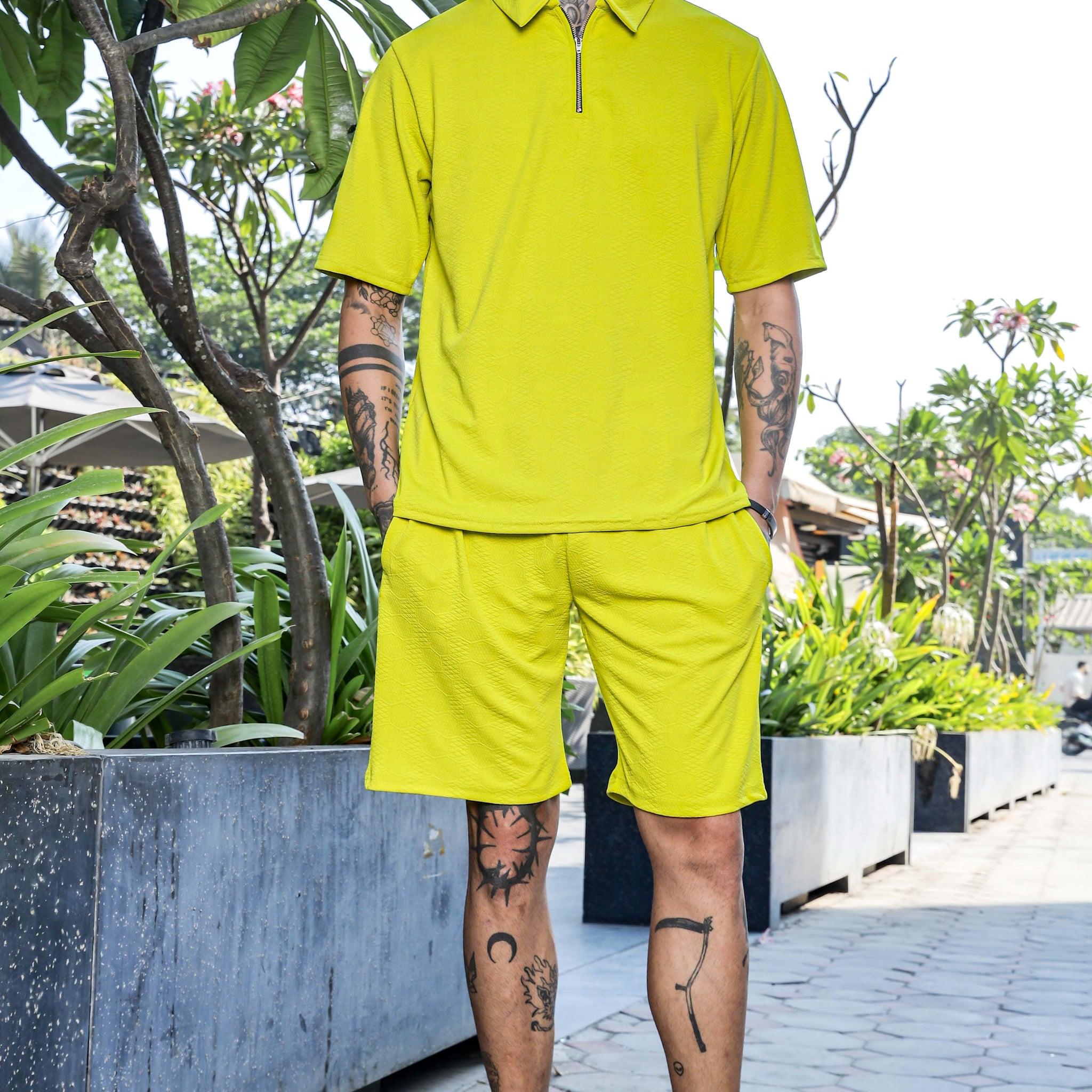Unisex Lime Green Textured Oversized Polo Neck Tee & Shorts Co-ord Set