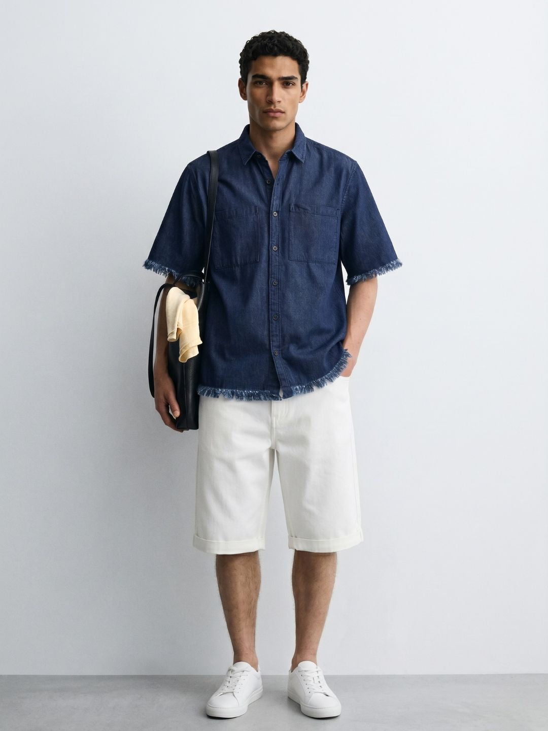 Navy Denim Raw Edge Oversized Box-Fit Spread Collar Half Sleeve Shirt