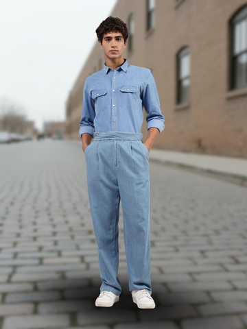 Co-Ord Set Blue Premium Denim Gurkha Pant & Full Shirt Relaxed Fit