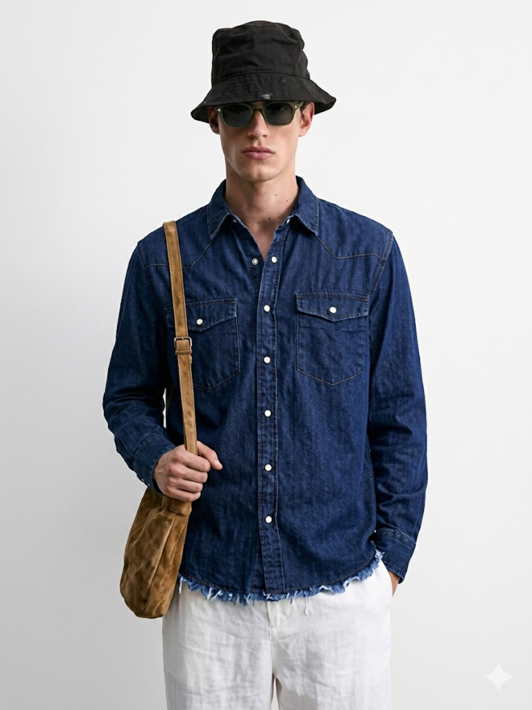 Navy Blue Raw Edge Oversized Relaxed Fit Spread Collar Premium Denim Full Sleeve Shirt