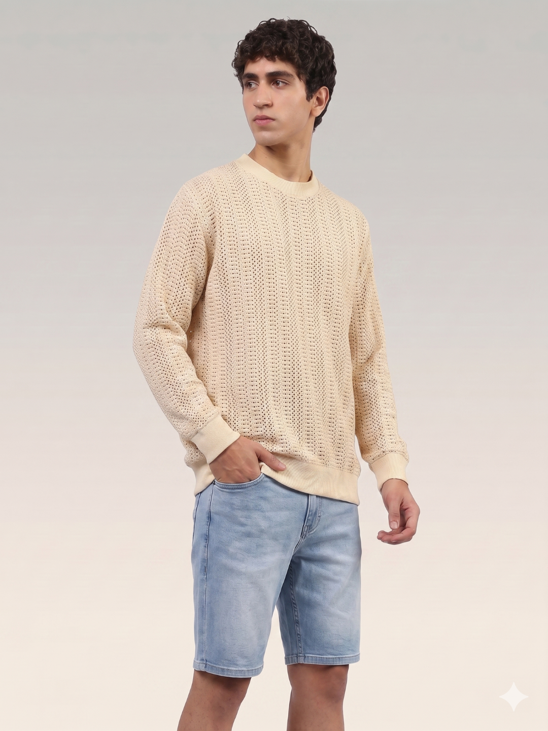 Beige Oversized Fit Premium Pure Cotton Crochet T-Shirt
