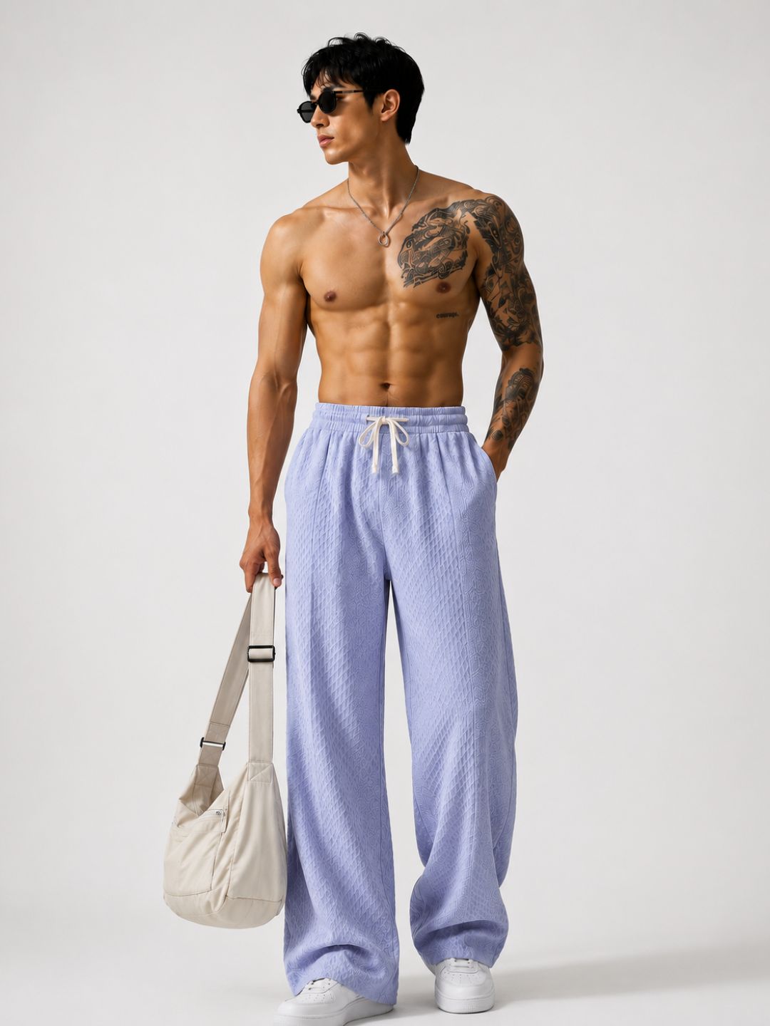 Grey Textured Relaxed-Fit Mid-Rise Korean Pant