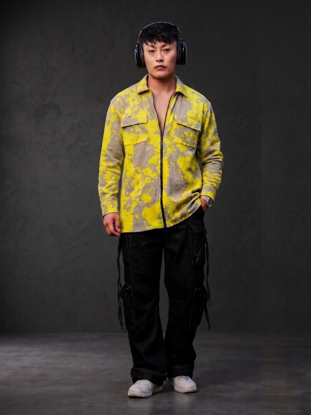 Neon Grey Splatter Abstract Print Textured Drop-Shoulder Relaxed Fit Shirt Zipper Shirt