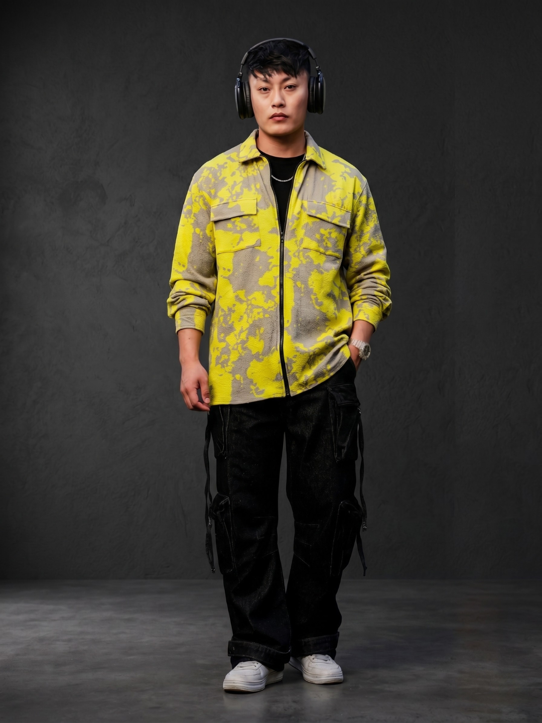 Neon Grey Splatter Abstract Print Textured Drop-Shoulder Relaxed Fit Shirt Zipper Shirt