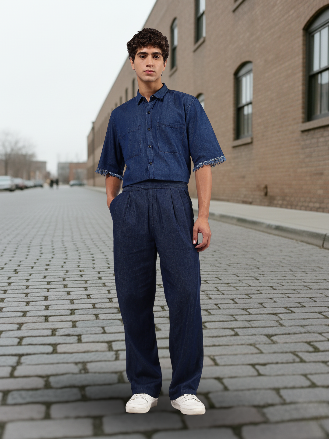 Co-Ord Set Navy Blue Premium Denim Gurkha Pant & Half Sleeve Shirt Relaxed Fit