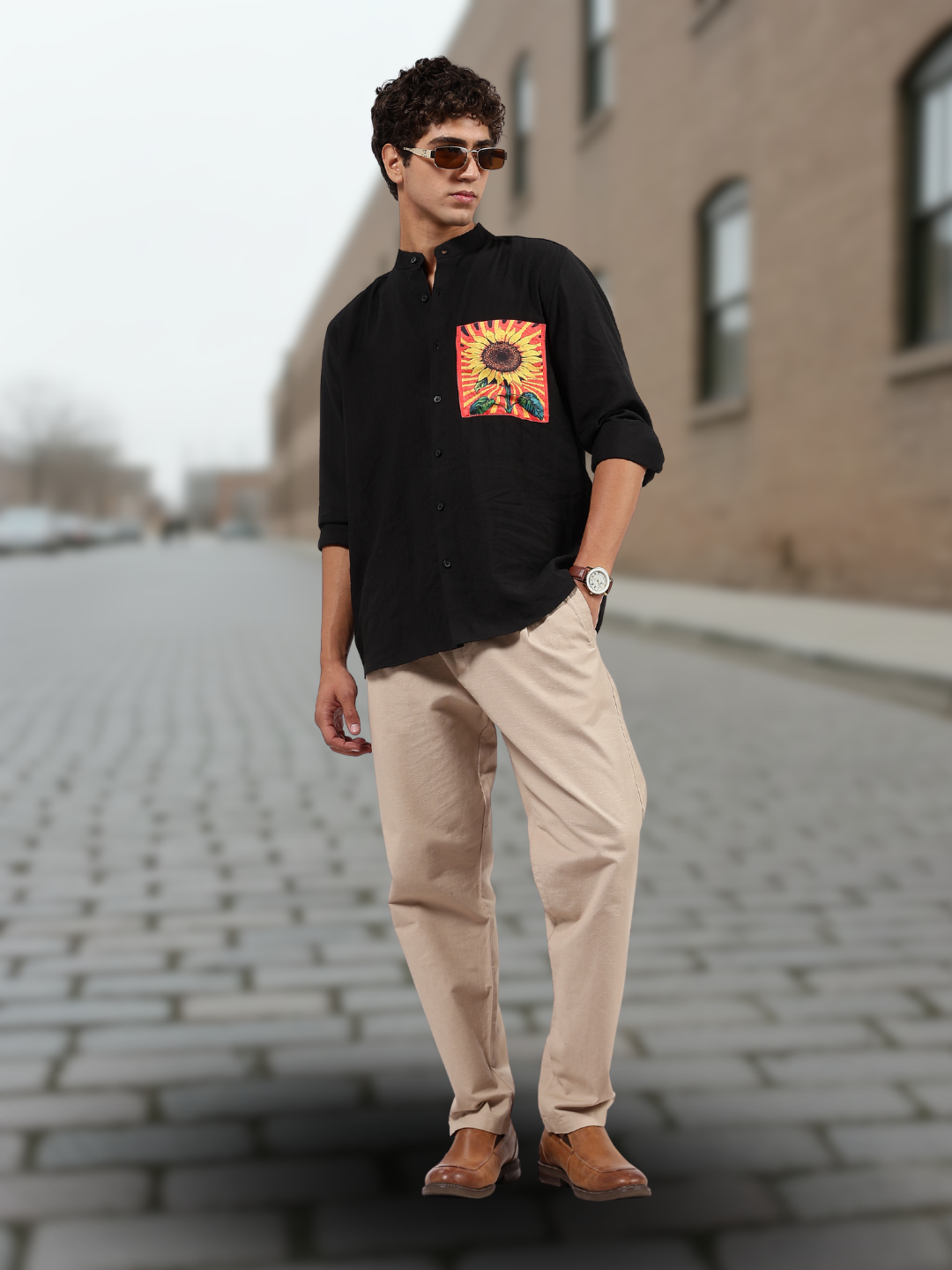 Black Mandarin Collar Pure Viscose Relaxed Fit Shirt 2.0