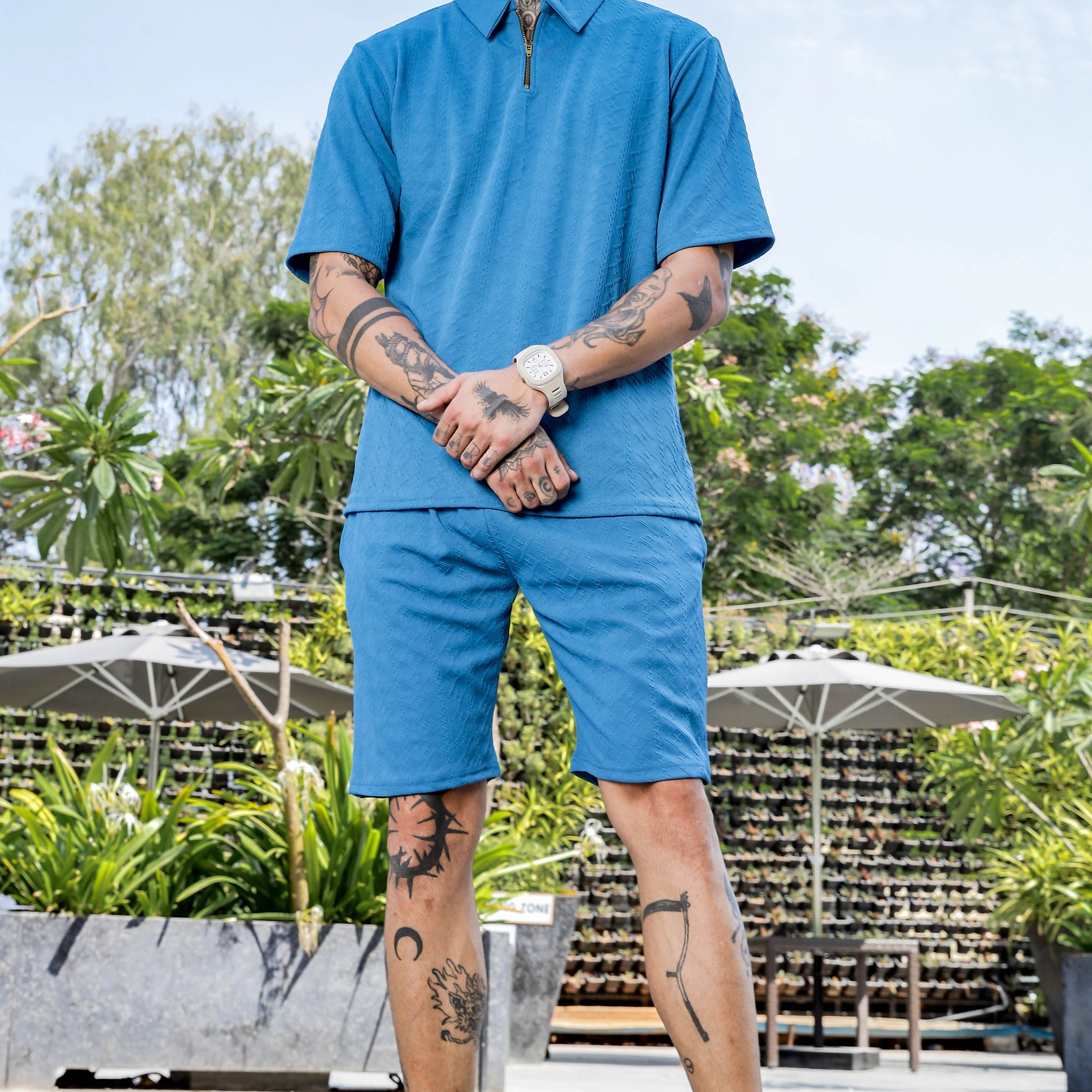 Unisex Blue Textured Oversized Polo Neck Tee & Shorts Co-ord Set