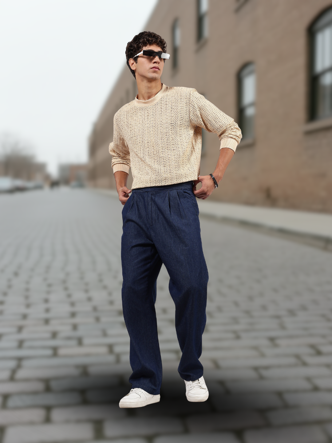 Beige Oversized Fit Premium Cotton Crochet Pullover