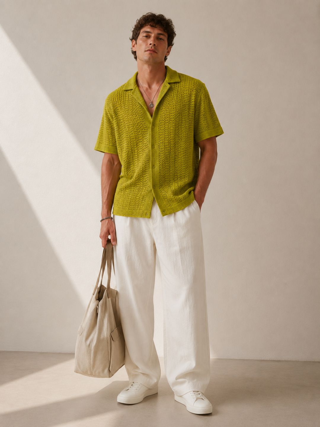 Lime Green Relaxed Fit Pure Cotton Crochet Resort Shirt