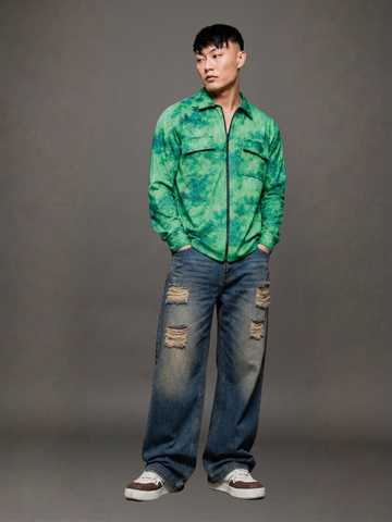 Grey & Green Abstract Printed Drop-Shoulder Relaxed Fit Shirt Zipper Shirt