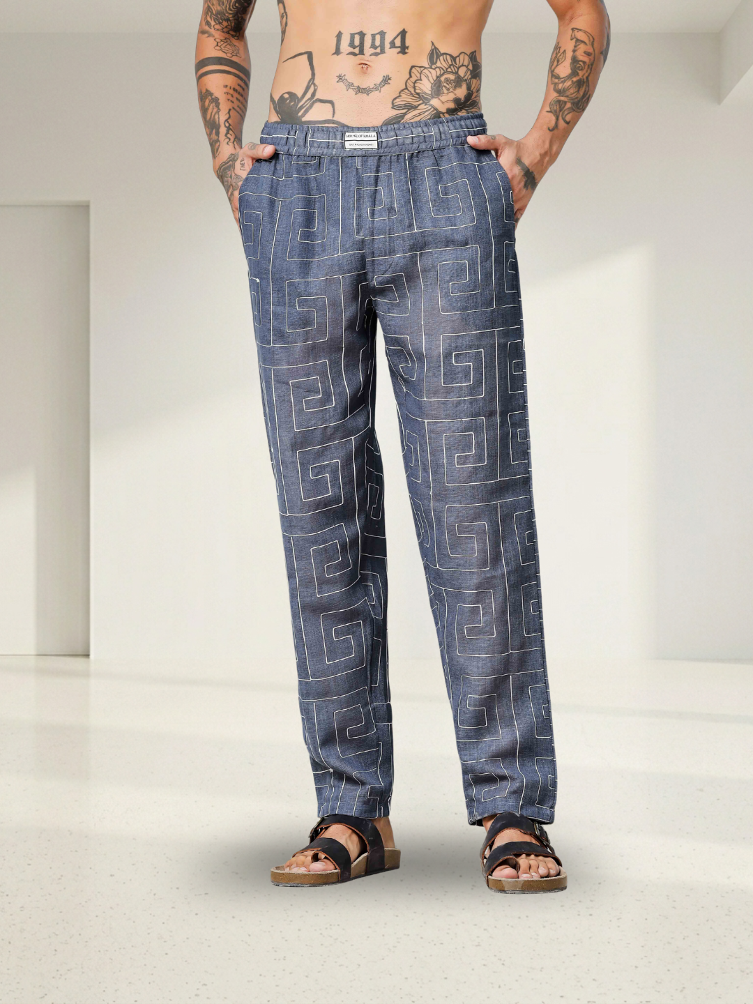 Blue Linen Blend Embroidered Relaxed Fit All Day Pants