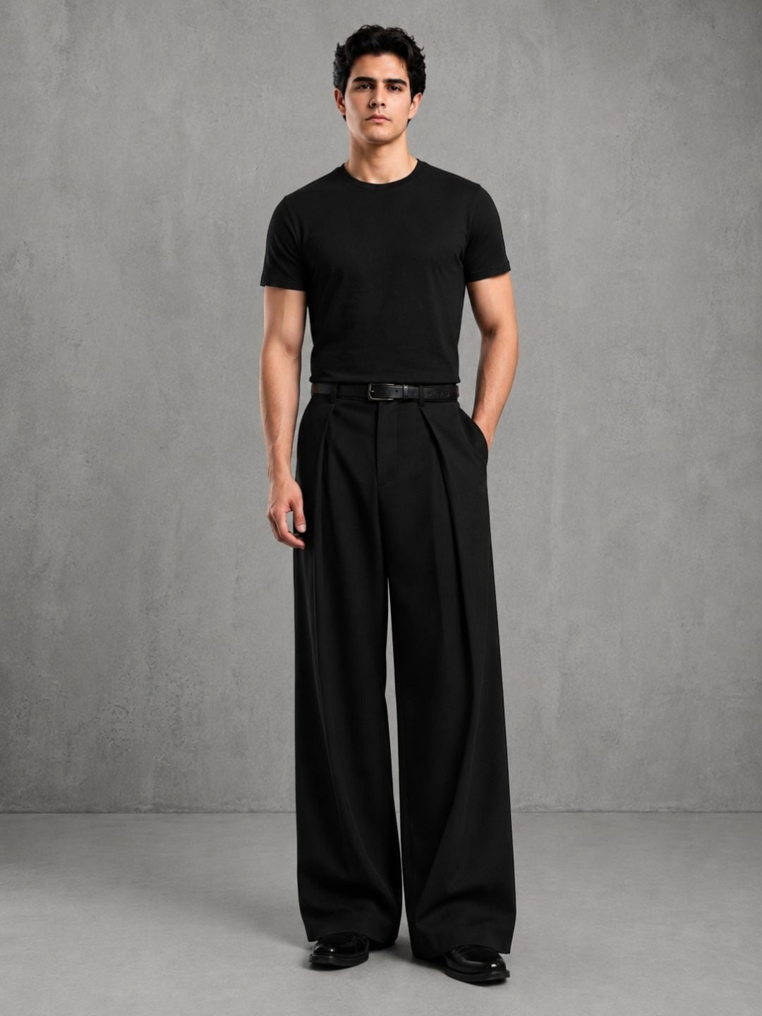 Black Wide Leg Samurai Trousers with Pleated Front