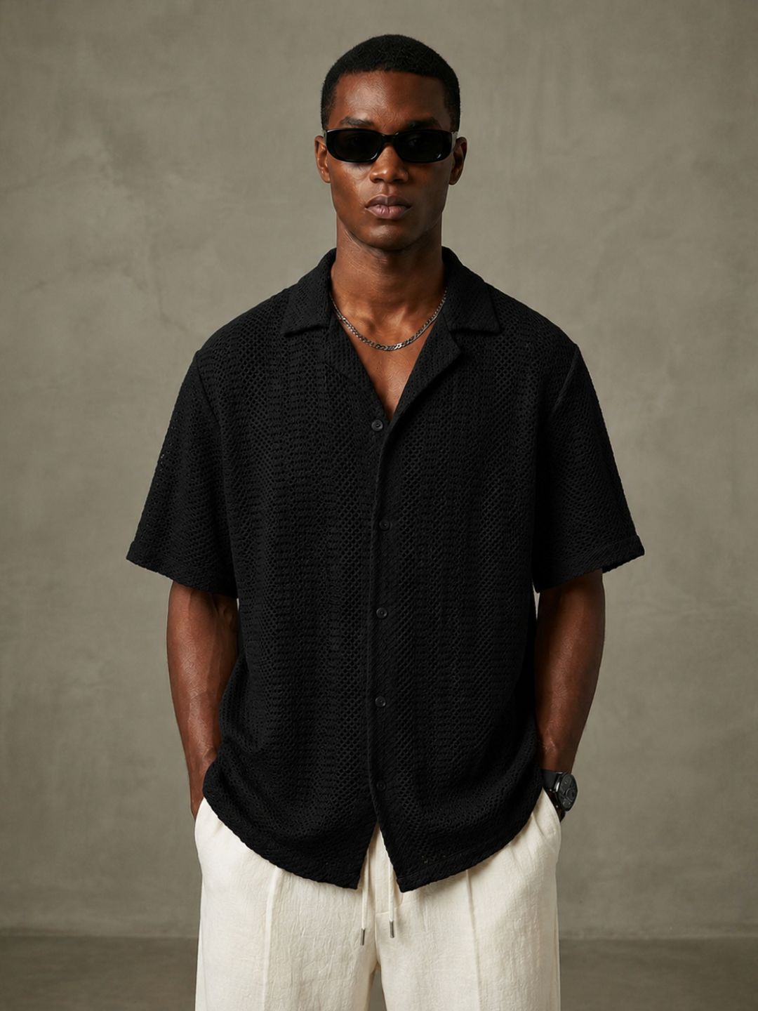 Black Unisex Relaxed Fit Cotton Crochet Resort Shirt
