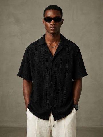Black Unisex Relaxed Fit Cotton Crochet Resort Shirt