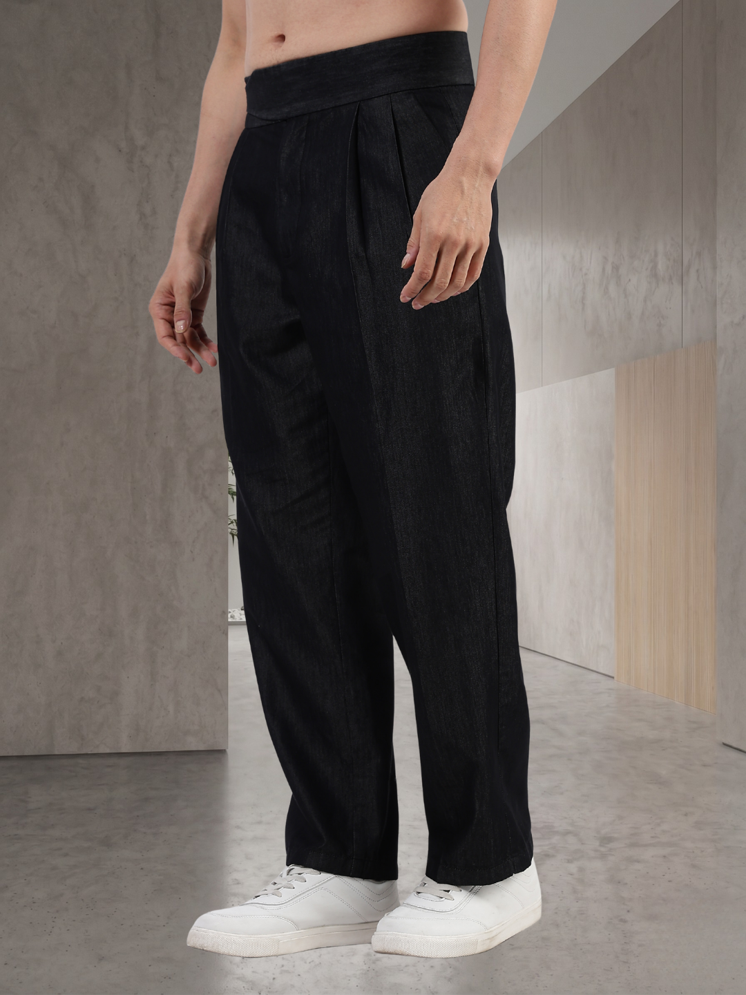 Black Premium Denim Gurkha Trousers with Double Pleated Front