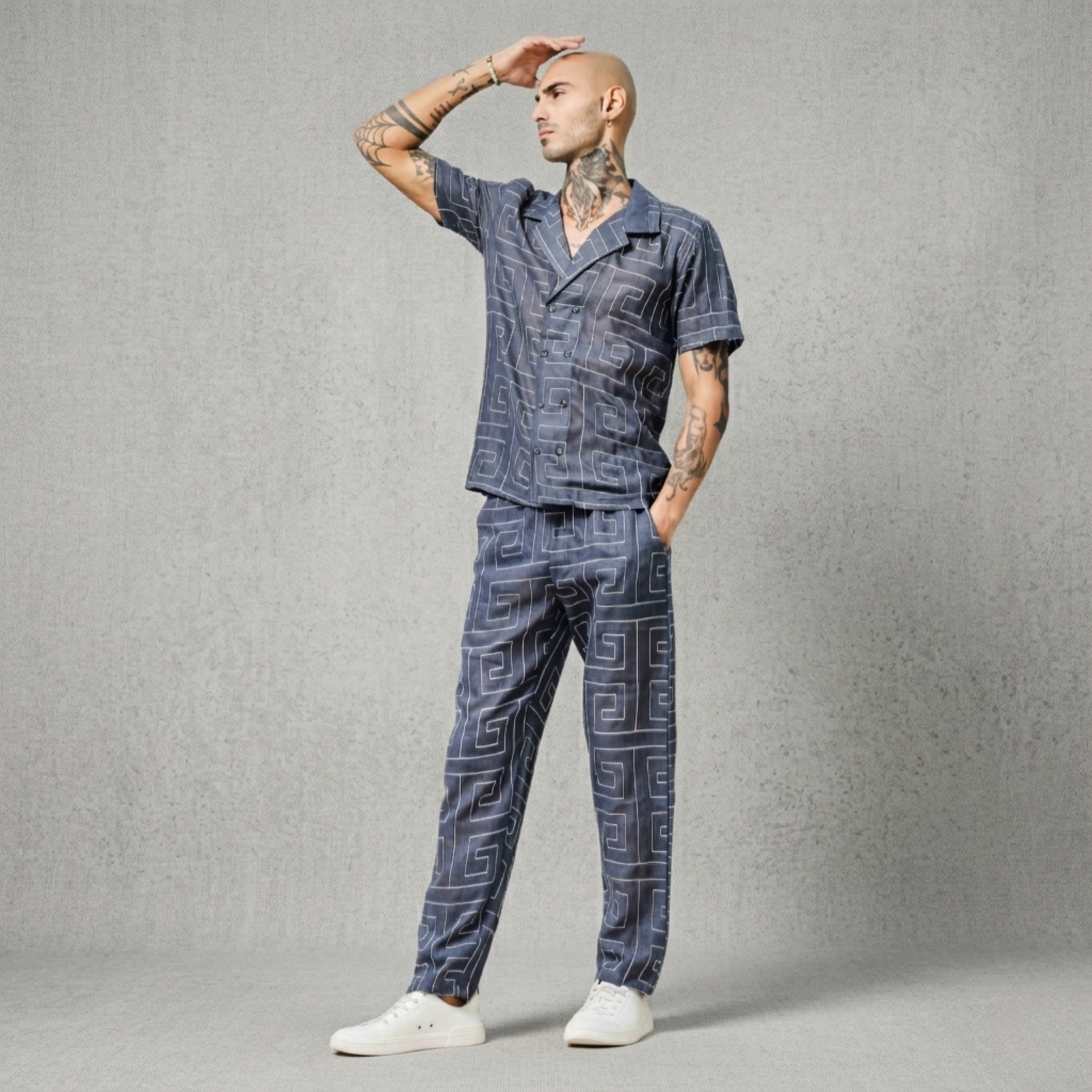 Blue Linen Embroidered Notched Lapel Korean Shirt & All Day Lounge Pants Co-ord Set