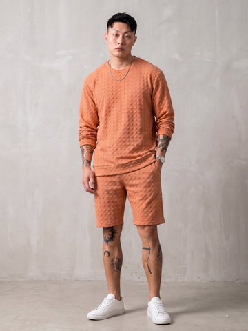 Unisex Brown Textured Relaxed Fit Full Sleeve T-Shirt & Shorts Co-ord Set