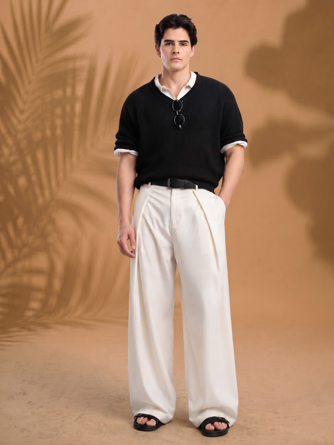Cream Wide Leg Samurai Trousers with Pleated Front