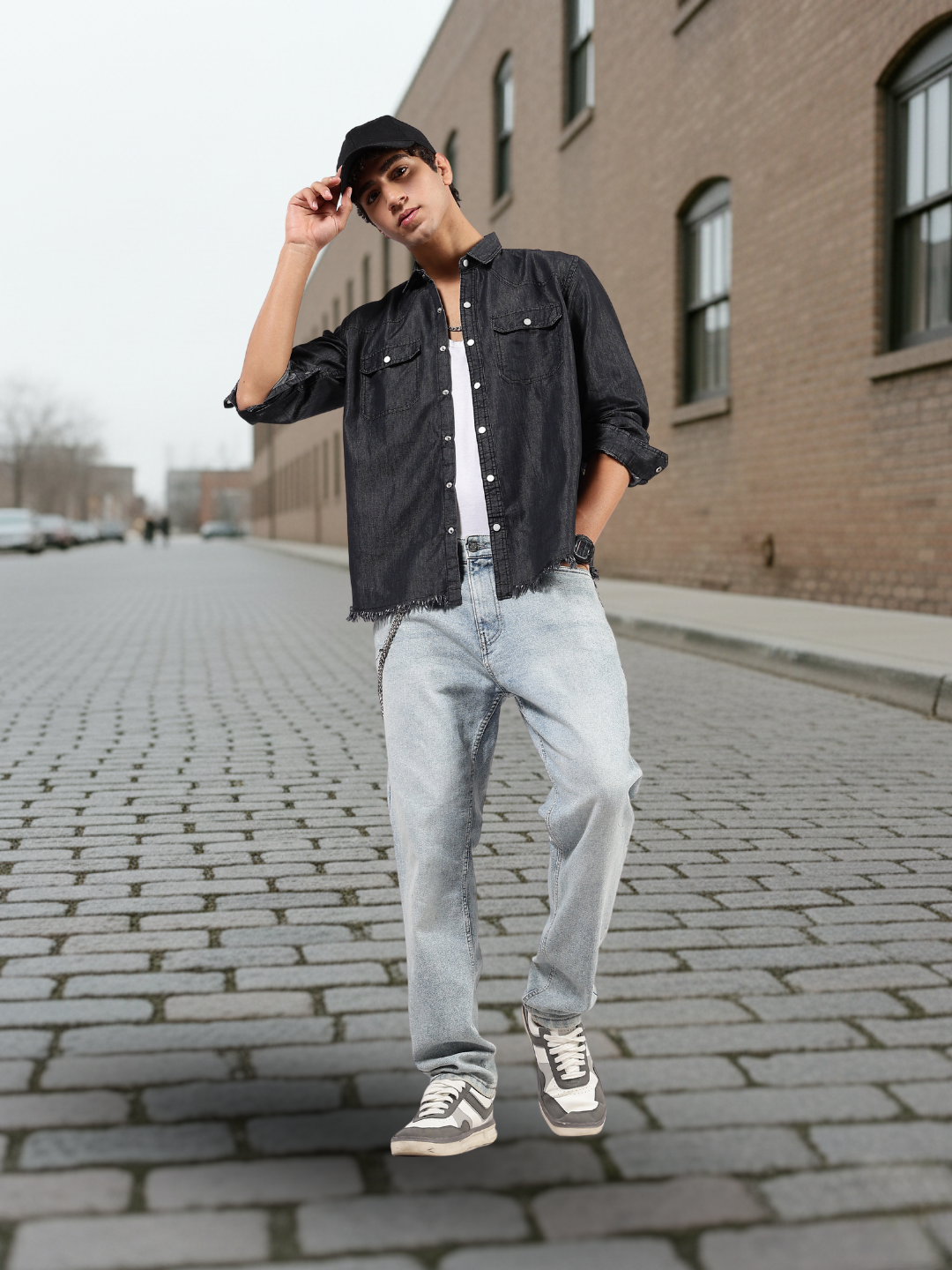 Black Raw Edge Oversized Relaxed Fit Full Sleeve Spread Collar Premium Denim Shirt