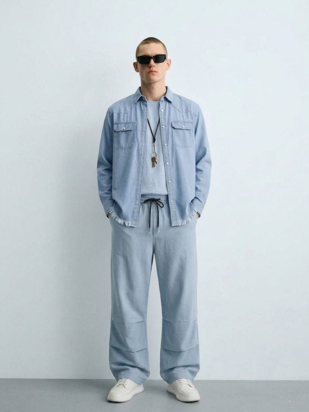 Denim Co-ord Set Light Blue Parachute Baggy Denim Pant & Full Shirt Relaxed Fit