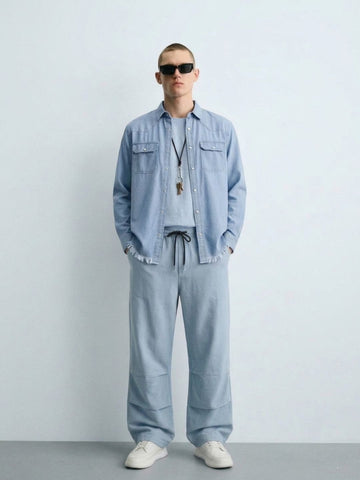 Denim Co-ord Set Light Blue Parachute Baggy Denim Pant & Full Shirt Relaxed Fit