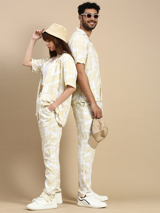 Unisex Relaxed Fit Beige Printed Lounge Pants